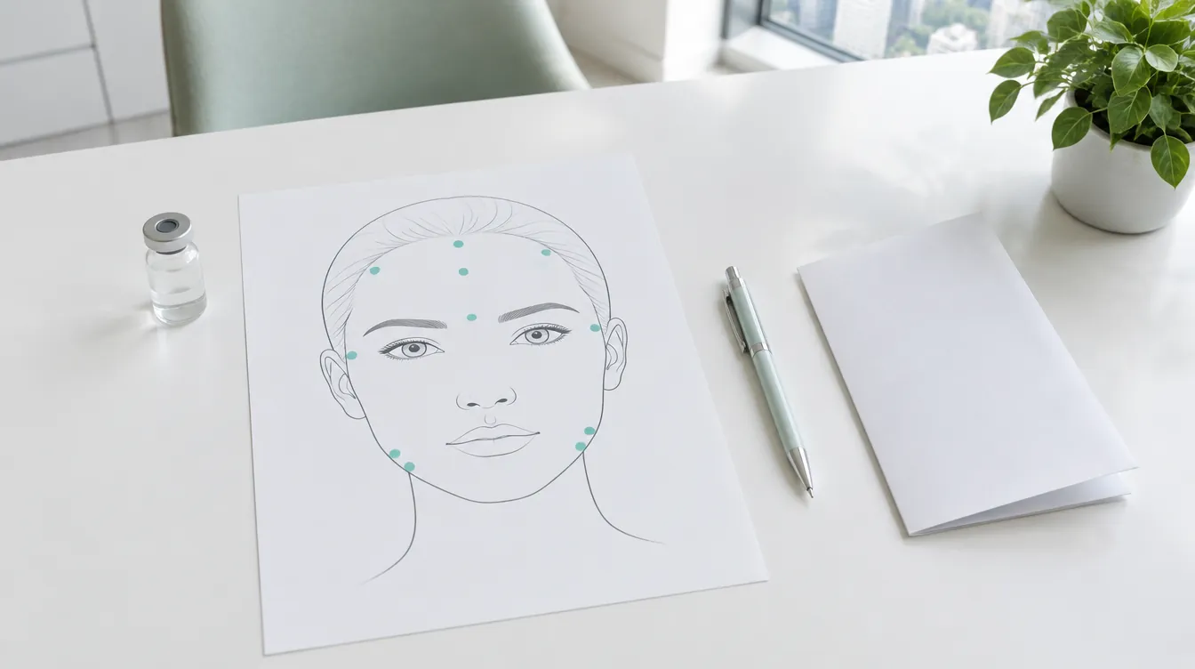 Illustration of a consultation desk with a face diagram marked at the forehead, between the brows, beside the eyes and on the jaw, next to a small unlabeled vial and a blank quote sheet